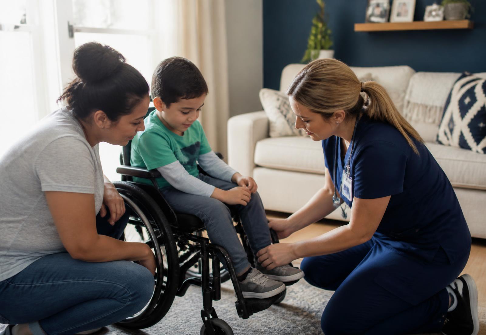 A home health nurse caring for a child with special healthcare needs while the child's mother looks on